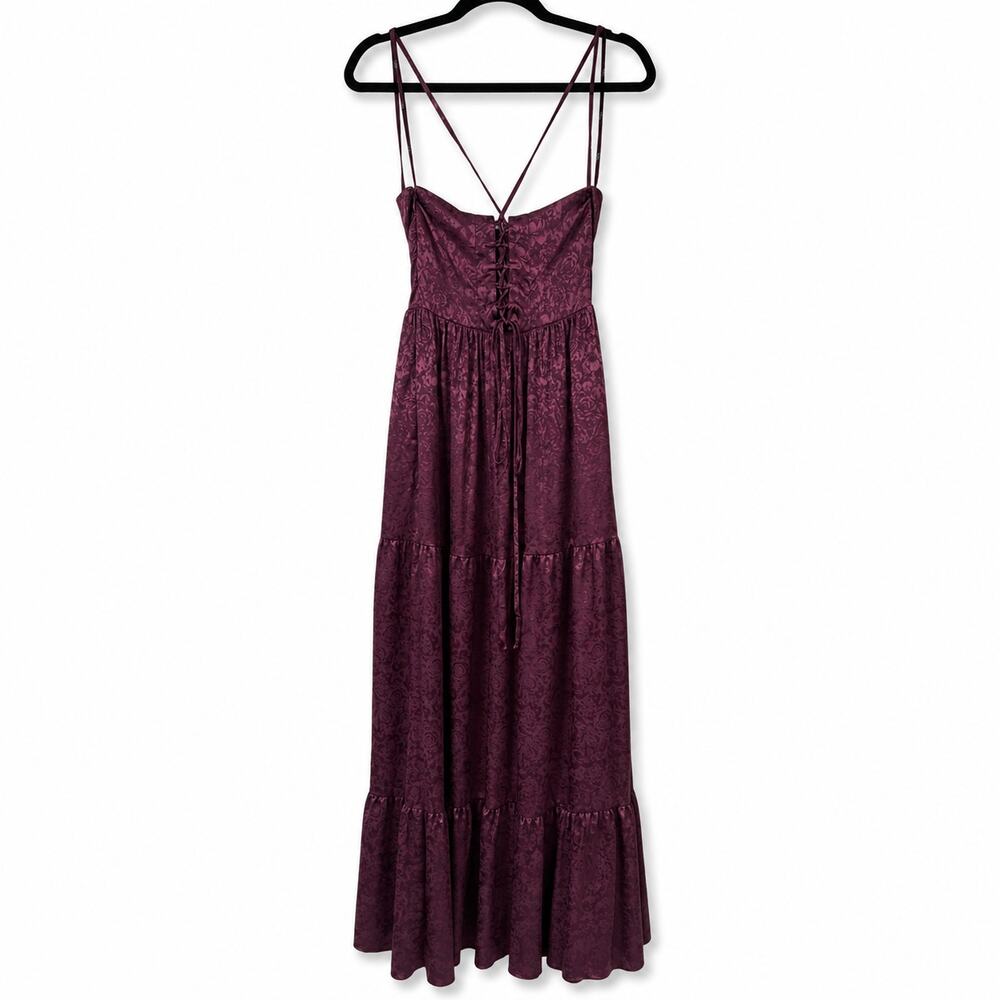 NEW Lulus Vasilia Plum Purple Satin Jacquard Full Tiered Corset Maxi Dress Small - Picture 8 of 11
